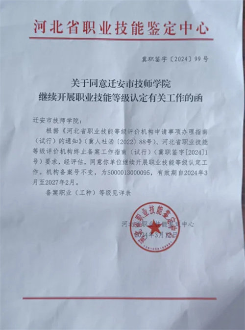 亚洲博彩网站（技师学院）职业技能鉴定备案续期顺利通过